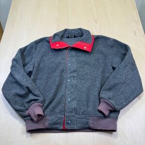 Woolrich‎ Fleece Jacket Gray Full Snap Front Red Collar Women's M Made in USA